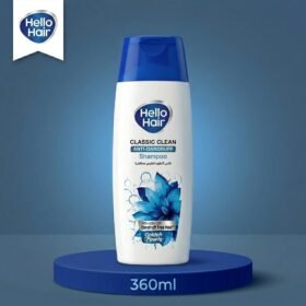 Hello Hair Classic Clean Anti-Dandruff Shampoo 360ml bottle on a premium deep blue studio background from Chaudhary Superstore