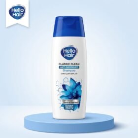 Hello Hair Classic Clean Anti-Dandruff Shampoo 75ml bottle displayed on a luxury light blue studio podium from Chaudhary Superstore