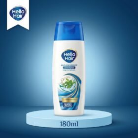 Hello Hair Clear & Refresh Anti-Dandruff Shampoo 180ml bottle displayed on a luxury blue studio podium by Chaudhary Superstore