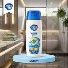 Hello Hair Clear & Refresh Anti-Dandruff Shampoo 360ml bottle displayed on a premium studio marble background in a luxury bathroom setting from Chaudhary Superstore