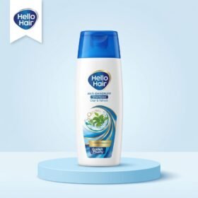 Hello Hair Clear & Refresh Anti-Dandruff Shampoo 75ml bottle displayed on a luxury light blue studio podium from Chaudhary Superstore