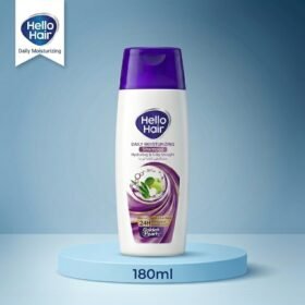Hello Hair Daily Moisturizing Shampoo 180ml bottle displayed on a luxury light blue studio podium by Chaudhary Superstore
