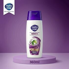Hello Hair Daily Moisturizing Shampoo 360ml bottle displayed on a premium purple studio background from Chaudhary Superstore