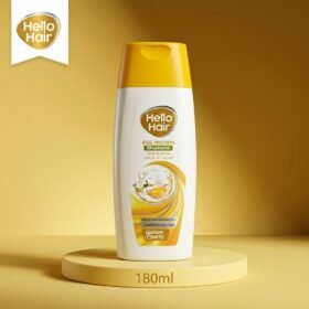 Hello Hair Egg Protein Shampoo 180ml bottle displayed on a yellow studio podium by Chaudhary Superstore
