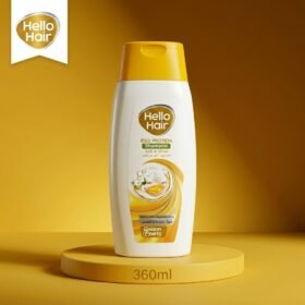 Hello Hair Egg Protein Shampoo 360ml bottle on a premium yellow background from Chaudhary Superstore
