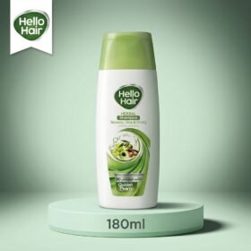 Hello Hair Herbal Shampoo Naturally Thick & Strong 180ml bottle displayed on a luxury green studio podium by Chaudhary Superstore