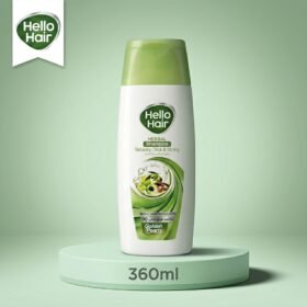 Hello Hair Herbal Shampoo Naturally Thick & Strong 360ml bottle displayed on a premium green studio background from Chaudhary Superstore