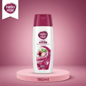 Hello Hair Onion Shampoo Nourishing & Strengthening 180ml bottle displayed on a luxury pink studio podium by Chaudhary Superstore