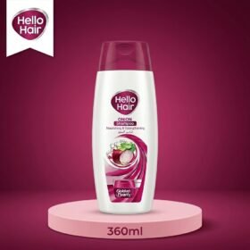 Hello Hair Onion Shampoo Nourishing & Strengthening 360ml bottle displayed on a premium magenta studio background from Chaudhary Superstore
