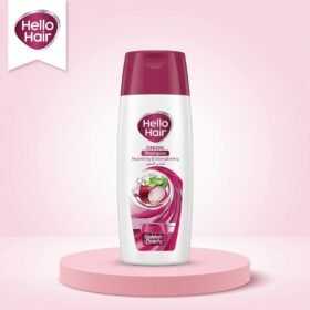 Hello Hair Onion Shampoo Nourishing & Strengthening 75ml bottle on a luxury pink studio podium from Chaudhary Superstore