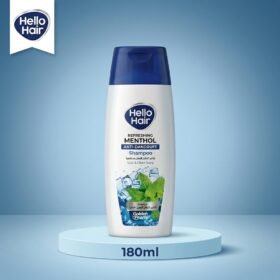 Hello Hair Refreshing Menthol Anti-Dandruff Shampoo 180ml bottle displayed on a luxury light blue studio podium by Chaudhary Superstore