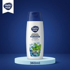 Hello Hair Refreshing Menthol Anti-Dandruff Shampoo 360ml bottle displayed on a premium blue studio background from Chaudhary Superstore