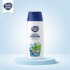 Hello Hair Refreshing Menthol Anti-Dandruff Shampoo 75ml bottle displayed on a luxury light blue studio podium from Chaudhary Superstore