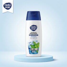 Hello Hair Refreshing Menthol Anti-Dandruff Shampoo 75ml bottle displayed on a luxury light blue studio podium from Chaudhary Superstore