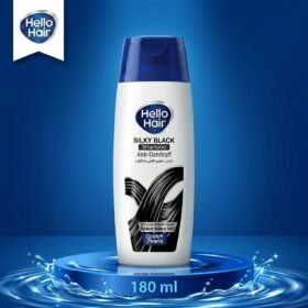 Hello Hair Silky Black Anti-Dandruff Shampoo 180ml bottle displayed on a luxury blue water splash podium by Chaudhary Superstore