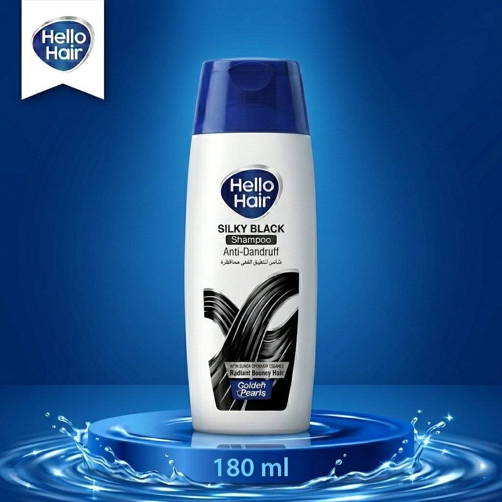 Hello Hair Silky Black Anti-Dandruff Shampoo 180ml bottle displayed on a luxury blue water splash podium by Chaudhary Superstore