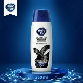 Hello Hair Silky Black Anti-Dandruff Shampoo 360ml bottle displayed on a premium blue studio background from Chaudhary Superstore