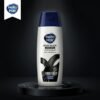 Hello Hair Silky Black Anti-Dandruff Shampoo 75ml bottle displayed on a luxury dark studio podium from Chaudhary Superstore
