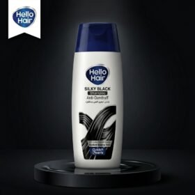 Hello Hair Silky Black Anti-Dandruff Shampoo 75ml bottle displayed on a luxury dark studio podium from Chaudhary Superstore