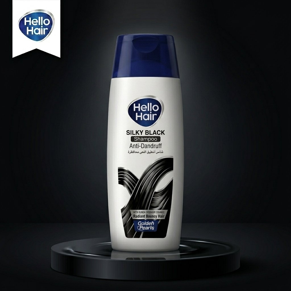 Hello Hair Silky Black Anti-Dandruff Shampoo 75ml bottle displayed on a luxury dark studio podium from Chaudhary Superstore