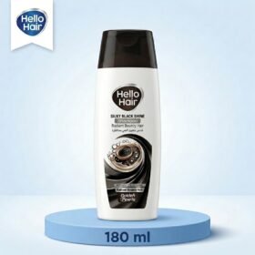 Hello Hair Silky Black Shine Shampoo 180ml bottle displayed on a luxury blue studio podium by Chaudhary Superstore