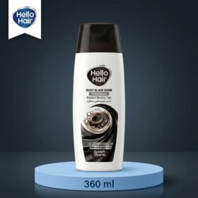 Hello Hair Silky Black Shine Shampoo 360ml bottle displayed on a premium blue studio background from Chaudhary Superstore