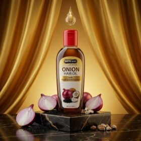 Hemani Onion Hair Oil With Black Seed & Coconut 200ml bottle on a marble podium — Chaudhary Superstore