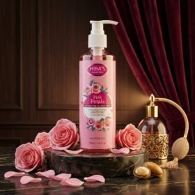 HIBA'S Collection Pink Petals Shower Gel 250ml clear pump bottle surrounded by fresh pink roses on marble podium from Chaudhary Superstore