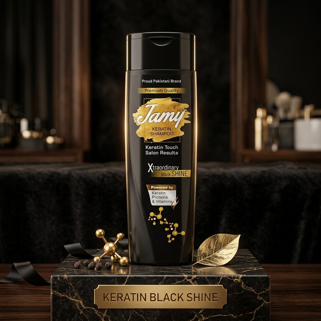 Jamy Keratin Shampoo Xtraordinary Black Shine 180ml bottle displayed on a luxury black marble studio podium from Chaudhary Superstore
