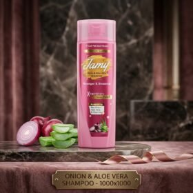 Jamy Onion & Aloe Vera Shampoo Xtraordinary Strong Hair 180ml pink bottle displayed on a luxury studio marble podium from Chaudhary Superstore