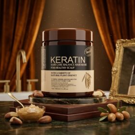 KERATIN Hair Care Balance Hair Mask For Healthy Scalp With Natural Plant Essence 1000ml brown jar on luxury wooden podium from Chaudhary Superstore