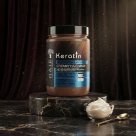 Keratin Moisturizing & Smooth Creamy Hair Mask 98% Repair Damaged 1000ml jar on dark marble podium from Chaudhary Superstore