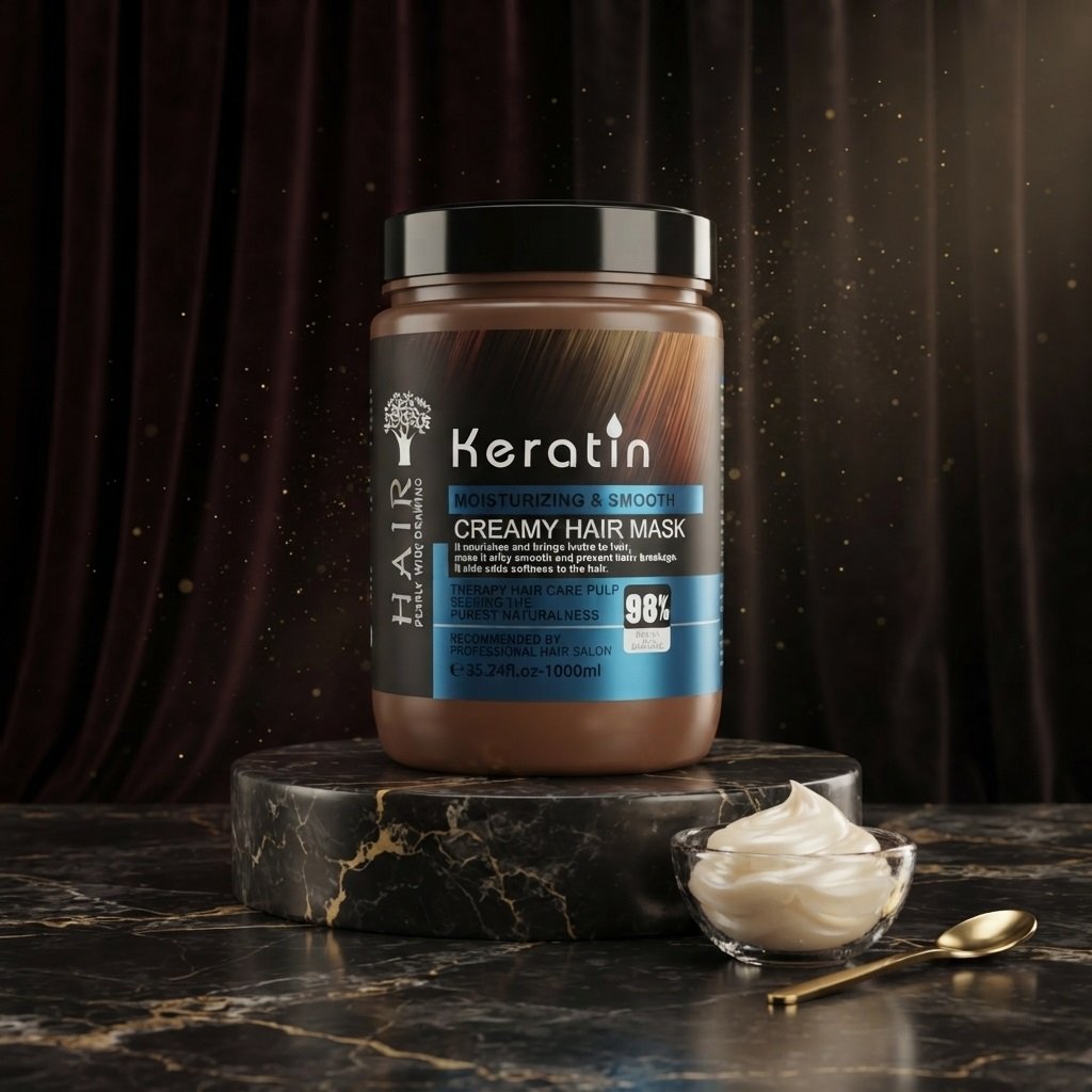 Keratin Moisturizing & Smooth Creamy Hair Mask 98% Repair Damaged 1000ml jar on dark marble podium from Chaudhary Superstore