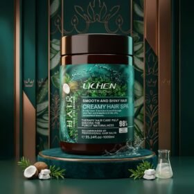 LICHEN Professional Smooth and Shiny Hair Creamy Hair Spa 1000ml jar on luxury green podium with coconut accents from Chaudhary Superstore