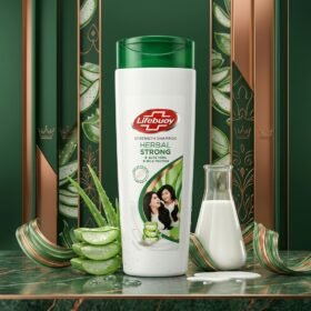 Lifebuoy Herbal Strong Shampoo 175ml bottle displayed on a luxury dark marble surface with fresh aloe vera leaves by Chaudhary Superstore