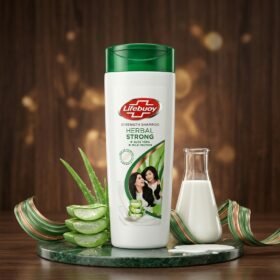 Lifebuoy Herbal Strong Shampoo 370ml bottle on a premium green background with natural ingredients from Chaudhary Superstore