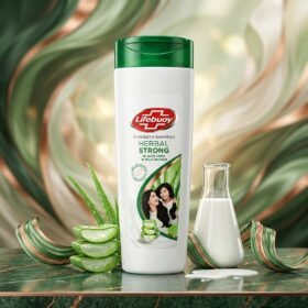 Lifebuoy Herbal Strong Shampoo 90ml bottle on a luxury green marble and golden studio podium from Chaudhary Superstore