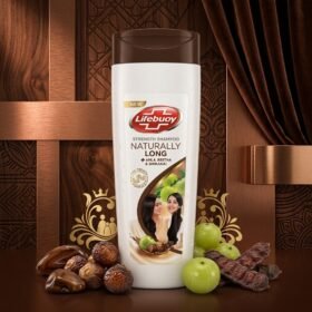 Lifebuoy Naturally Long Shampoo 175ml bottle displayed on a luxury wooden and golden surface by Chaudhary Superstore