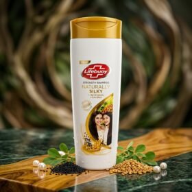 Lifebuoy Naturally Silky Shampoo 90ml bottle on a luxury wooden board with natural ingredients from Chaudhary Superstore