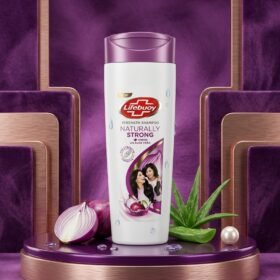 Lifebuoy Naturally Strong Shampoo 175ml bottle displayed on a luxury purple and golden surface with natural ingredients by Chaudhary Superstore