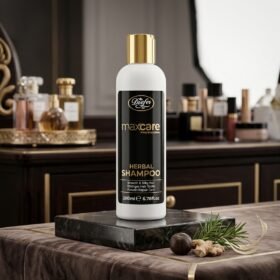 Maxcare Professional Herbal Shampoo Smooth & Silky Hair Keratin Repair Care 180ml bottle displayed on a luxury studio marble block from Chaudhary Superstore
