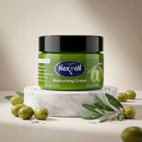 Nexton Olive Moisturizing Cream 125ml green jar on marble podium from Chaudhary Superstore[cite