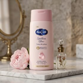 Nexton Spotless Glow Tone Lift Lotion 135ml pink bottle on marble podium — Chaudhary Superstore