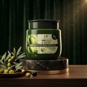 Olive Deep Moisturizing Hair Repair Conditioner Enriched with Vitamin E & B5 650ml green jar on dark marble podium from Chaudhary Superstore