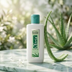 Olivia Moisturizing Cleansing Milk with Aloe Vera 110ml bottle placed on a marble surface with sliced aloe vera leaves