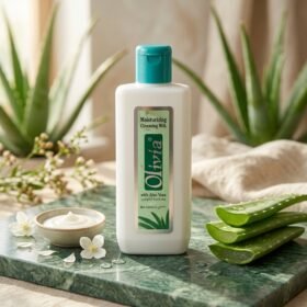 Olivia Moisturizing Cleansing Milk with Aloe Vera 220ml bottle placed on a marble surface with sliced aloe vera leaves