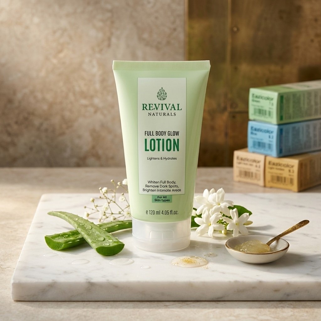 Revival Naturals Full Body Glow Lotion 120ml light green tube on marble podium — Chaudhary Superstore