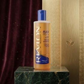 Revlon Flex Gentle Cleansing Body Building Protein Shampoo 350ml bottle on green marble studio podium from Chaudhary Superstore
