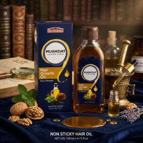 Saeed Ghani Mughziat Hair Growth Oil Extra Strength 140ml clear bottle and navy blue and gold box — Chaudhary Superstore