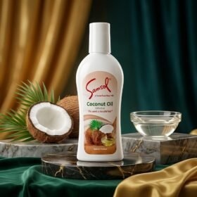 Samsol 100% Pure Coconut Oil 200ml white bottle with coconut graphics on a marble display — Chaudhary Superstore